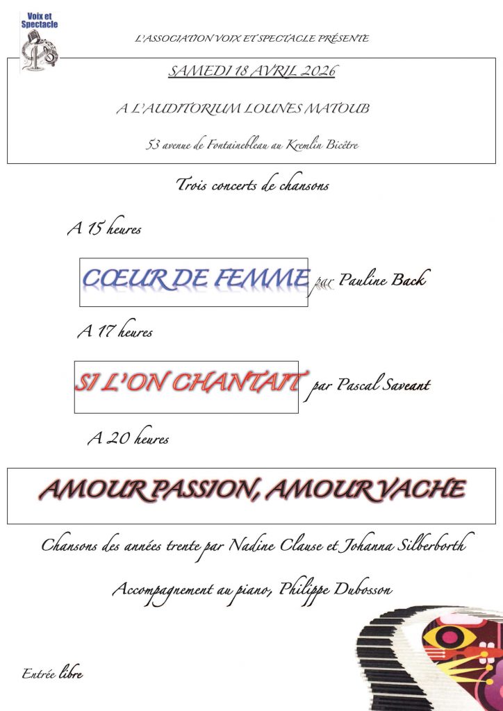 Affiche du concert de l'association Voix et Spectacle du 18 avril 2026 à L'auditorium Lounes Matoub au Kremlin-Bicêtre